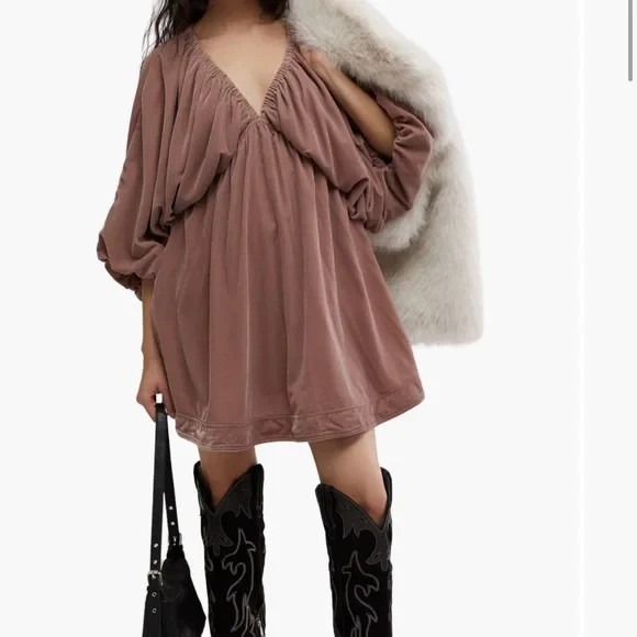 FREE PEOPLE  PORTIA VELVET MINI DRESS PINK/DUSTY ROSE BOHO PRAIRIE SMALL - Picture 2 of 8